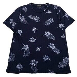 Zara Man Floral Print Hawaiian Vacation Crew Short Sleeve Tee TShirt Navy Medium